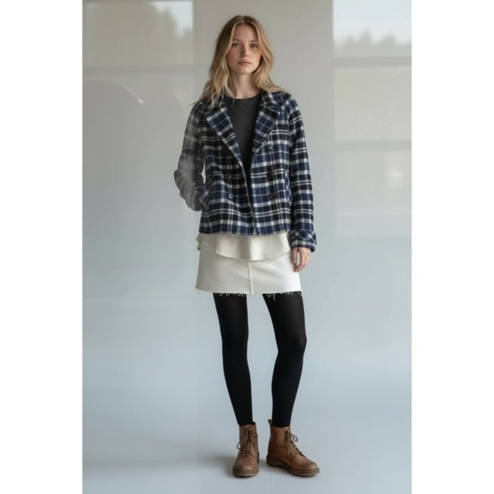 Y2K‎ Aeropostale Plaid Wool Pea Coat Women M Blue Prep Academia Coquette Winter